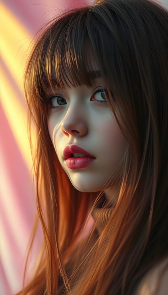 a (((realistically modelled, highly detailed))) (((close-up portrait))), with ((skin complexion)), (((straight hair))), and (((red lips))), capturing a (((cute emo girl aesthetic))) with a (((super long, messy, big hair))), framed by a (((vividly colorful, highly detailed backdrop))) that gives off a (((sunny, psychedelic glow))), suggestive of a (dreamy, cloudy, romantic setting)