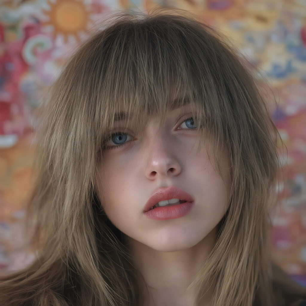 a (((realistically modelled, highly detailed))) (((close-up portrait))), with ((skin complexion)), (((straight hair))), and (((red lips))), capturing a (((cute emo girl aesthetic))) with a (((super long, messy, big hair))), framed by a (((vividly colorful, highly detailed backdrop))) that gives off a (((sunny, psychedelic glow))), suggestive of a (dreamy, cloudy, romantic setting)