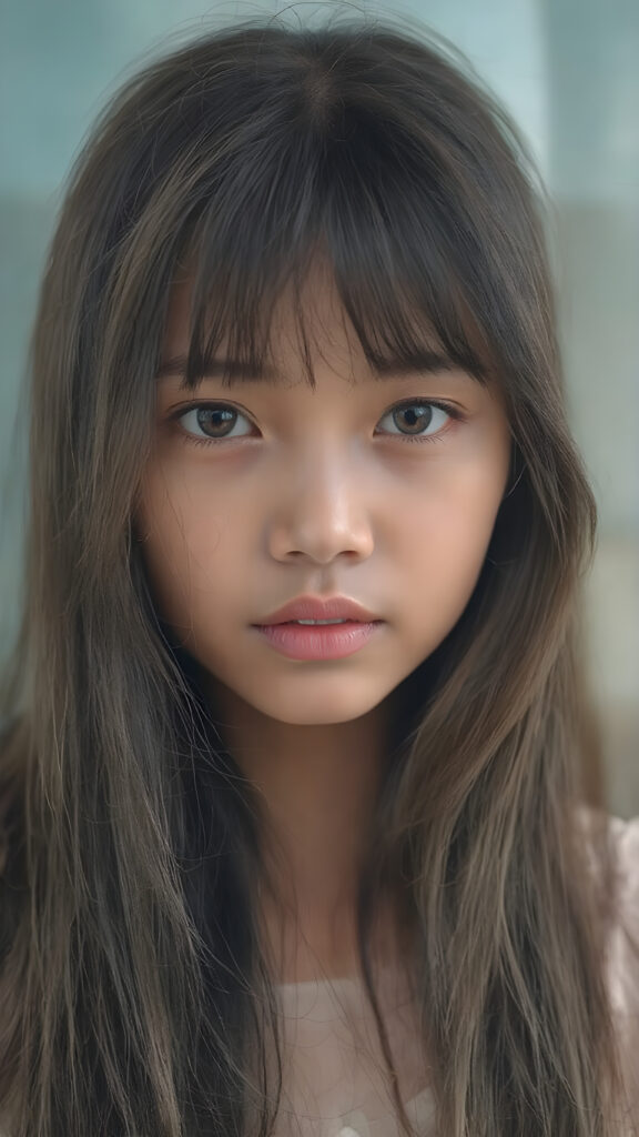 a (((realistically portrayal))) of a (((beautifully elegant young Burmese girl))), with long, straight, hazelnut hair framing a (((stunningly realistic, detailed face))), characterized by intricate features like (((round hazelnut eyes))), cut bangs, and a softly down turned mouth, captured in a (((side perspective, perfect body))), her expression suggestive of melancholy