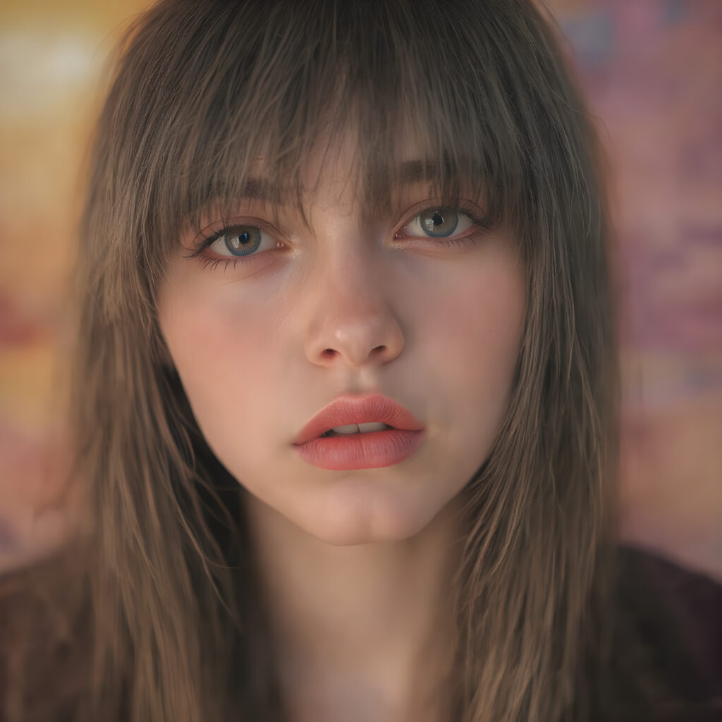 a (((realistically modelled, highly detailed))) (((close-up portrait))), with ((skin complexion)), (((straight hair))), and (((red lips))), capturing a (((cute emo girl aesthetic))) with a (((super long, messy, big hair))), framed by a (((vividly colorful, highly detailed backdrop))) that gives off a (((sunny, psychedelic glow))), suggestive of a (dreamy, cloudy, romantic setting)