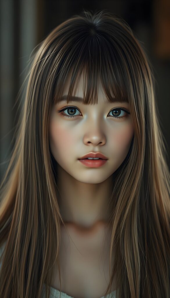 a (((realistically drawn portrayal))) of a (((beautifully elegant young Burmese girl))), with ((long, straight, hazelnut super soft hair and blond highlights)) framing a (((stunningly realistic, detailed face))), characterized by intricate features like (((round hazelnut eyes))), bangs cut frame her face, and a softly down turned mouth, captured in a (((perfect flawless skin))), her expression suggestive of melancholy