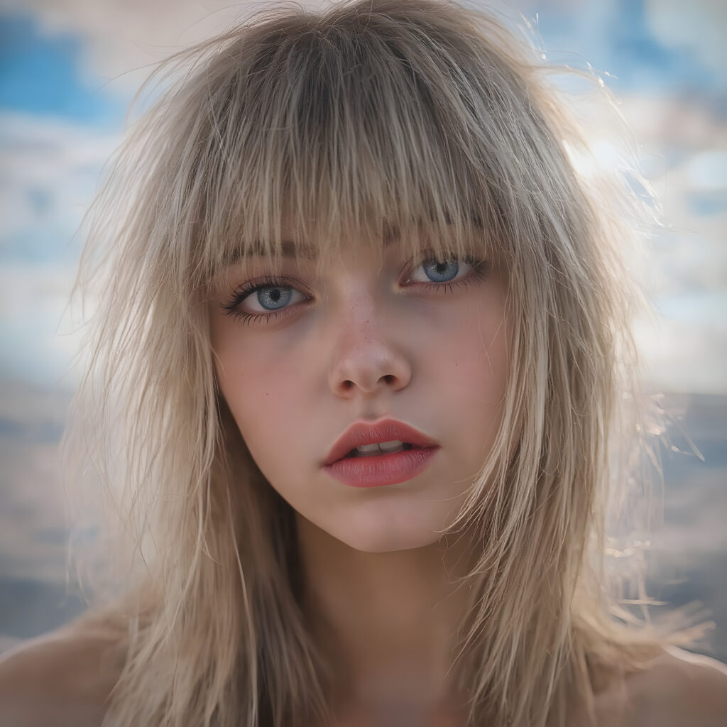 a (((realistically modelled, highly detailed))) (((close-up portrait))), with ((skin complexion)), (((straight hair))), and (((red lips))), capturing a (((cute emo girl aesthetic))) with a (((super long, messy, big hair))), framed by a (((vividly colorful, highly detailed backdrop))) that gives off a (((sunny, psychedelic glow))), suggestive of a (dreamy, cloudy, romantic setting)