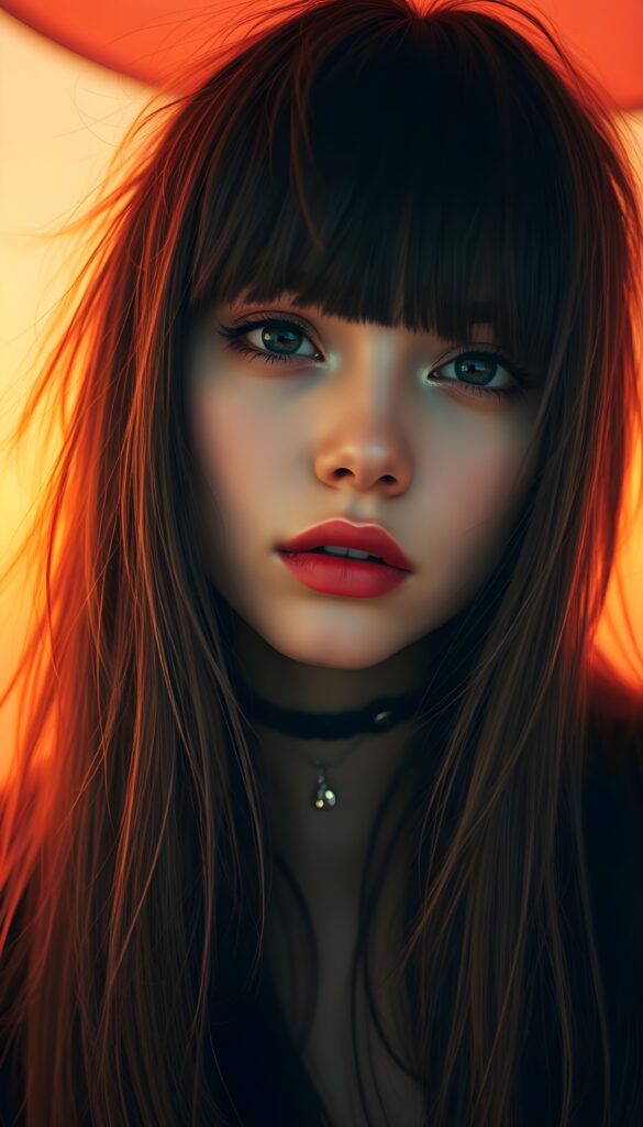 a (((realistically modelled, highly detailed))) (((close-up portrait))), with ((skin complexion)), (((straight hair))), and (((red lips))), capturing a (((cute emo girl aesthetic))) with a (((super long, messy, big hair))), framed by a (((vividly colorful, highly detailed backdrop))) that gives off a (((sunny, psychedelic glow))), suggestive of a (dreamy, cloudy, romantic setting)