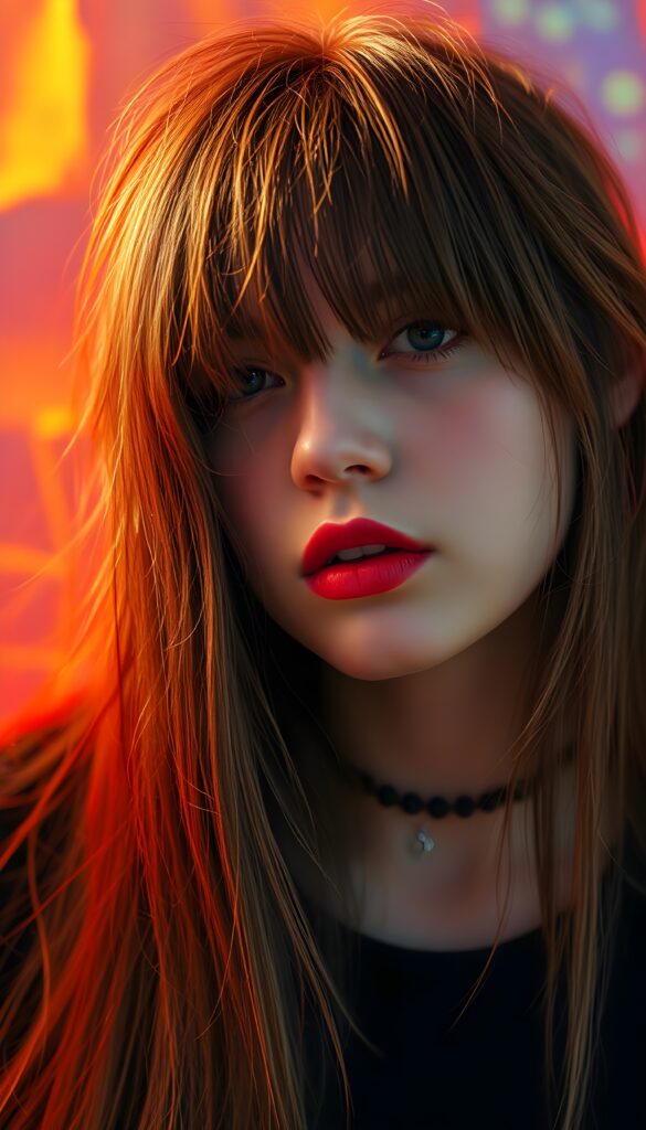 a (((realistically modelled, highly detailed))) (((close-up portrait))), with ((skin complexion)), (((straight hair))), and (((red lips))), capturing a (((cute emo girl aesthetic))) with a (((super long, messy, big hair))), framed by a (((vividly colorful, highly detailed backdrop))) that gives off a (((sunny, psychedelic glow))), suggestive of a (dreamy, cloudy, romantic setting)