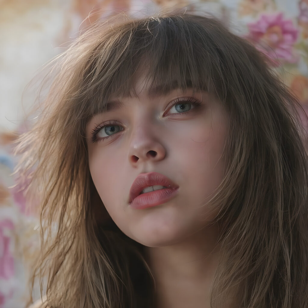 a (((realistically modelled, highly detailed))) (((close-up portrait))), with ((skin complexion)), (((straight hair))), and (((red lips))), capturing a (((cute emo girl aesthetic))) with a (((super long, messy, big hair))), framed by a (((vividly colorful, highly detailed backdrop))) that gives off a (((sunny, psychedelic glow))), suggestive of a (dreamy, cloudy, romantic setting)