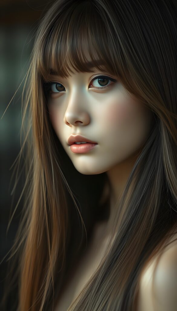 a (((realistically drawn portrayal))) of a (((beautifully elegant young Burmese girl))), with ((long, straight, hazelnut super soft hair and blond highlights)) framing a (((stunningly realistic, detailed face))), characterized by intricate features like (((round hazelnut eyes))), bangs cut frame her face, and a softly down turned mouth, captured in a (((perfect flawless skin))), her expression suggestive of melancholy