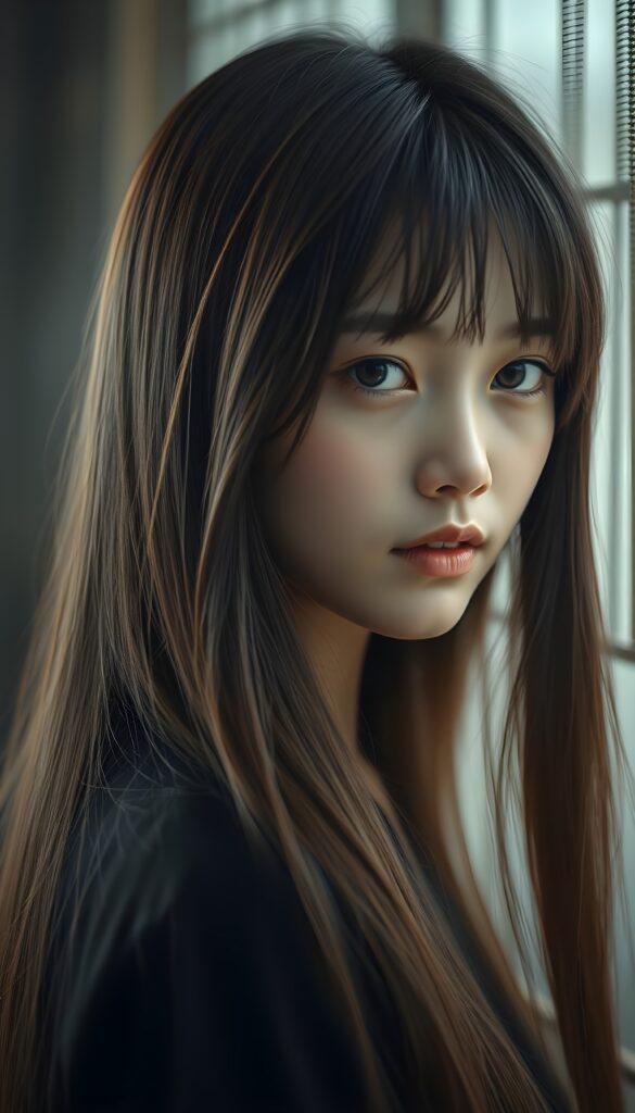 a (((realistically drawn portrayal))) of a (((beautifully elegant young Burmese girl))), with ((long, straight, hazelnut super soft hair and blond highlights)) framing a (((stunningly realistic, detailed face))), characterized by intricate features like (((round hazelnut eyes))), bangs cut frame her face, and a softly down turned mouth, captured in a (((perfect flawless skin))), her expression suggestive of melancholy