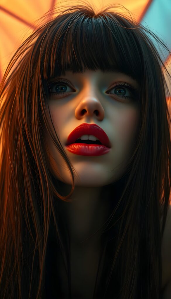 a (((realistically modelled, highly detailed))) (((close-up portrait))), with ((skin complexion)), (((straight hair))), and (((red lips))), capturing a (((cute emo girl aesthetic))) with a (((super long, messy, big hair))), framed by a (((vividly colorful, highly detailed backdrop))) that gives off a (((sunny, psychedelic glow))), suggestive of a (dreamy, cloudy, romantic setting)