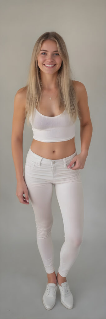 a (((realistically full body photo))) of a (((adult young girl))) with long, straight soft brown hair, and a (delicate perfectly detailed and perfectly proportioned figure) that defies the realm of reality, complemented by (white cropped tank top, deep v-neck, short thin leggins pants) and ((white shoes)), ((against a sandy desert backdrop (sunrise))), inviting glow