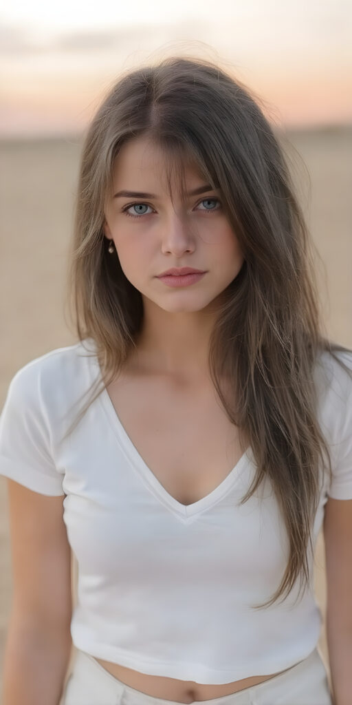 a (((realistically and detailed full body photo))) of a (((stunning girl))) with straight soft brown hair, super realistic round face, detailed eyes, and a (delicate perfectly detailed and perfectly proportioned figure) that defies the realm of reality, complemented by (white mini low-cut v-neck T-shirt, short thin leggins pants), ((against a sandy desert with sunrise))