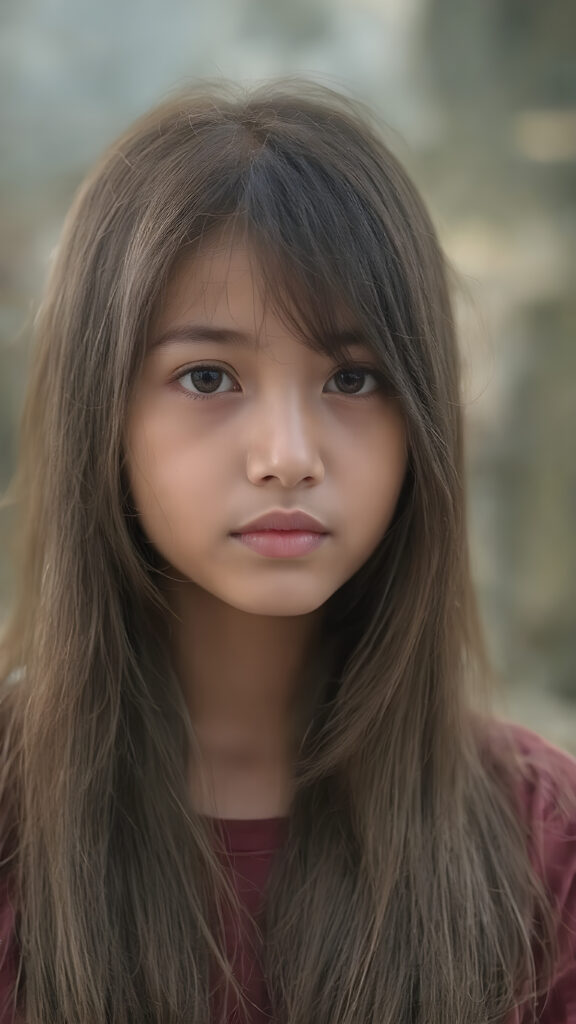 a (((realistically portrayal))) of a (((beautifully elegant young Burmese girl))), with long, straight, hazelnut hair framing a (((stunningly realistic, detailed face))), characterized by intricate features like (((round hazelnut eyes))), cut bangs, and a softly down turned mouth, captured in a (((side perspective, perfect body))), her expression suggestive of melancholy