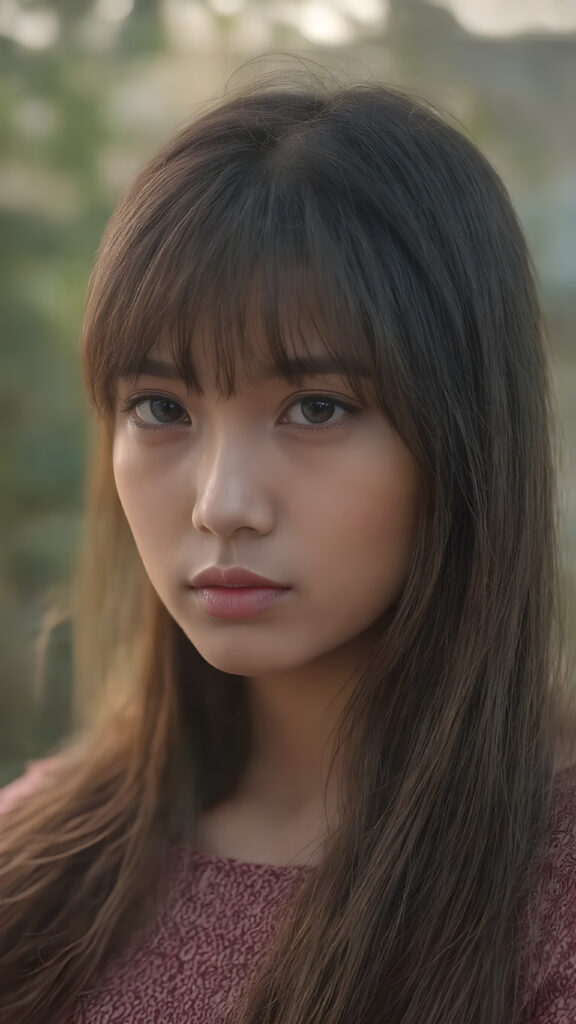 a (((realistically portrayal))) of a (((beautifully elegant young Burmese girl))), with long, straight, hazelnut hair framing a (((stunningly realistic, detailed face))), characterized by intricate features like (((round hazelnut eyes))), cut bangs, and a softly down turned mouth, captured in a (((side perspective, perfect body))), her expression suggestive of melancholy