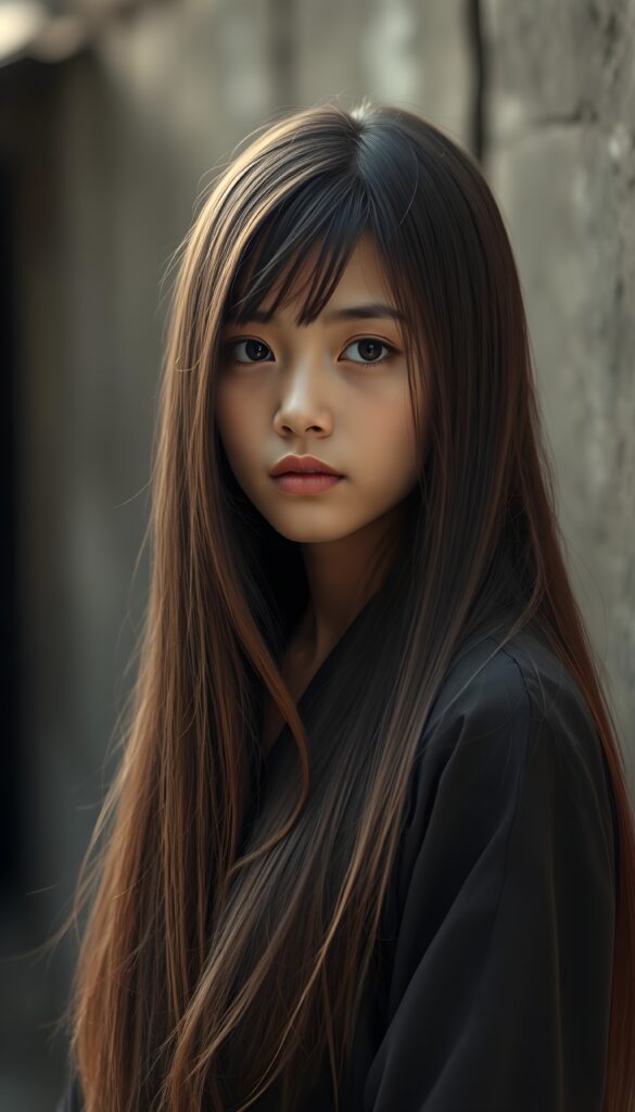 a (((realistically drawn portrayal))) of a (((beautifully elegant young Burmese girl))), with ((long, straight, hazelnut super soft hair and blond highlights)) framing a (((stunningly realistic, detailed face))), characterized by intricate features like (((round hazelnut eyes))), bangs cut frame her face, and a softly down turned mouth, captured in a (((perfect flawless skin))), her expression suggestive of melancholy