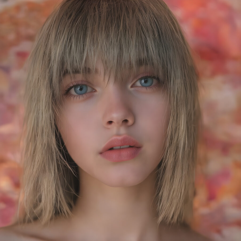 a (((realistically modelled, highly detailed))) (((close-up portrait))), with ((skin complexion)), (((straight hair))), and (((red lips))), capturing a (((cute emo girl aesthetic))) with a (((super long, messy, big hair))), framed by a (((vividly colorful, highly detailed backdrop))) that gives off a (((sunny, psychedelic glow))), suggestive of a (dreamy, cloudy, romantic setting)