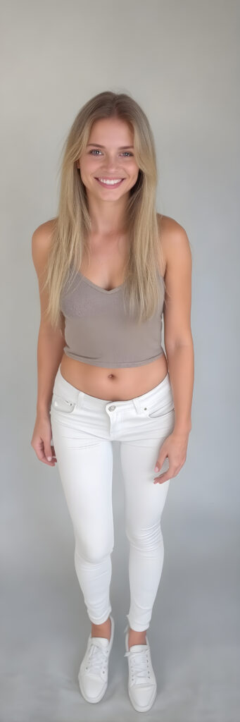 a (((realistically full body photo))) of a (((adult young girl))) with long, straight soft brown hair, and a (delicate perfectly detailed and perfectly proportioned figure) that defies the realm of reality, complemented by (white cropped tank top, deep v-neck, short thin leggins pants) and ((white shoes)), ((against a sandy desert backdrop (sunrise))), inviting glow