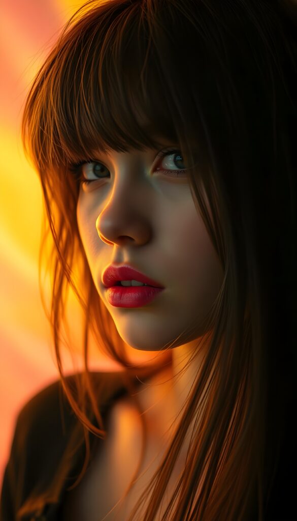 a (((realistically modelled, highly detailed))) (((close-up portrait))), with ((skin complexion)), (((straight hair))), and (((red lips))), capturing a (((cute emo girl aesthetic))) with a (((super long, messy, big hair))), framed by a (((vividly colorful, highly detailed backdrop))) that gives off a (((sunny, psychedelic glow))), suggestive of a (dreamy, cloudy, romantic setting)