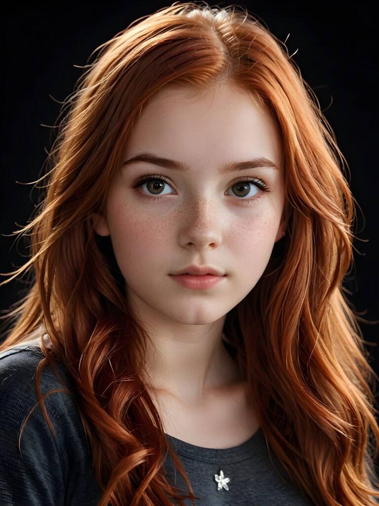 a (((realistically teenage girl, 15 years old))) with highly detailed, expressive eyes and a beautifully drawn face, framed by (((soft, flowing straight red hair))), illuminated by (cinematic, highlights) in a (close-up shot), exuding an air of innocent, wholesomeness, perfect shadow and light, ((black background))