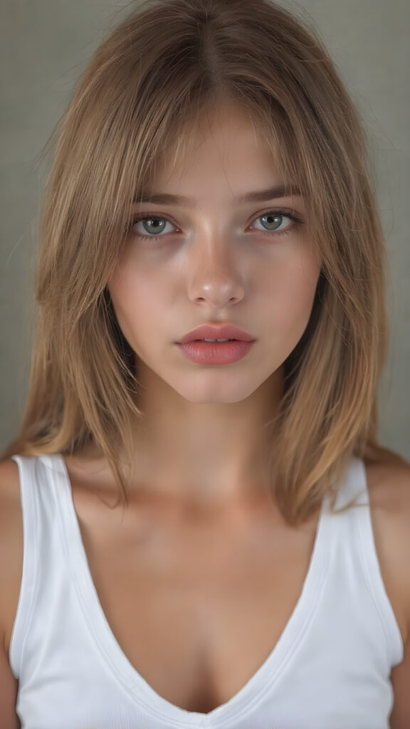 a realistically (((full body picture))) of this cute and teen girl, her jet red silky hair ((straight and smooth at both ends)), cascading down her shoulders and chest. She has ((perfectly shaped lips)), which are full and painted in a (bright red colour) that match her eyes. The lips are soft and inviting. The girl wears a ((white cropped short tank top, deep v-neck)), which perfectly complements her figure. Its low cut and short design accentuates her youthful curves in a playful way. The tank top also gives off a soft glow, highlighting her natural beauty. She wears the tank top on a day when she feels like posing, her hair is soft and silky, just like the clothes, enhancing her natural beauty with no extra effort on her part.