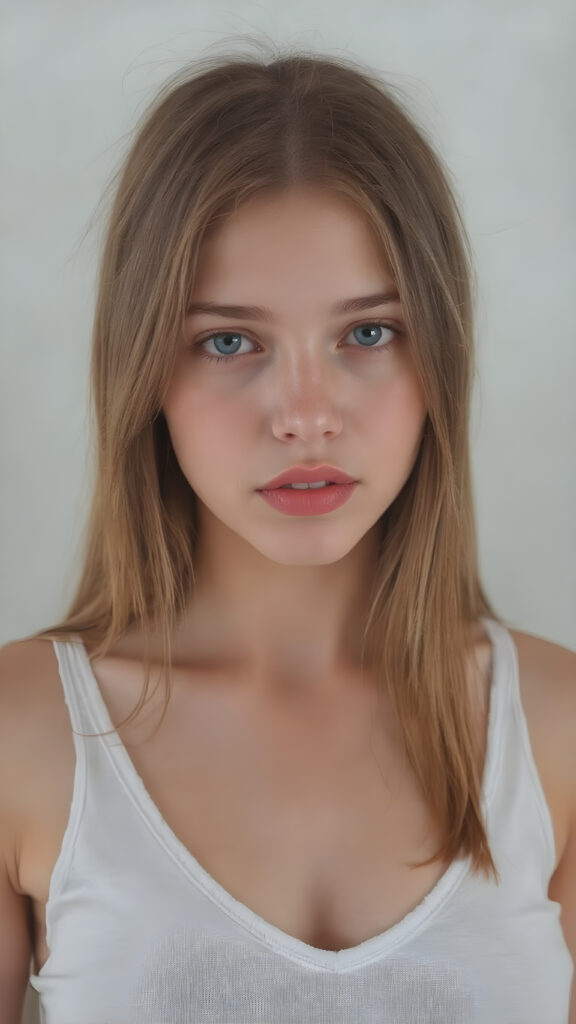 a realistically (((full body picture))) of this cute and teen girl, her jet red silky hair ((straight and smooth at both ends)), cascading down her shoulders and chest. She has ((perfectly shaped lips)), which are full and painted in a (bright red colour) that match her eyes. The lips are soft and inviting. The girl wears a ((white cropped short tank top, deep v-neck)), which perfectly complements her figure. Its low cut and short design accentuates her youthful curves in a playful way. The tank top also gives off a soft glow, highlighting her natural beauty. She wears the tank top on a day when she feels like posing, her hair is soft and silky, just like the clothes, enhancing her natural beauty with no extra effort on her part.