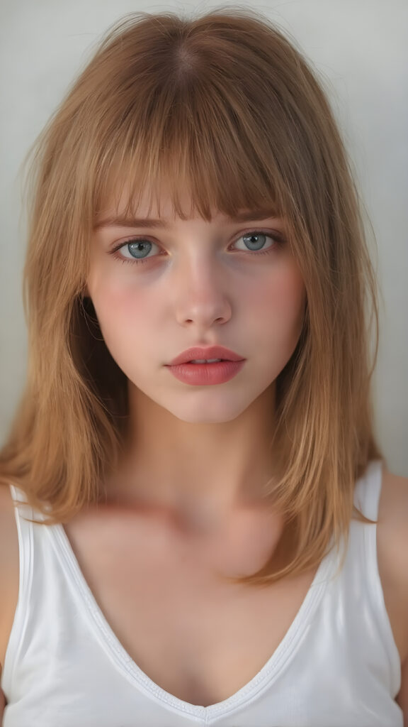 a realistically (((full body picture))) of this cute and teen girl, her jet red silky hair ((straight and smooth at both ends)), cascading down her shoulders and chest. She has ((perfectly shaped lips)), which are full and painted in a (bright red colour) that match her eyes. The lips are soft and inviting. The girl wears a ((white cropped short tank top, deep v-neck)), which perfectly complements her figure. Its low cut and short design accentuates her youthful curves in a playful way. The tank top also gives off a soft glow, highlighting her natural beauty. She wears the tank top on a day when she feels like posing, her hair is soft and silky, just like the clothes, enhancing her natural beauty with no extra effort on her part.