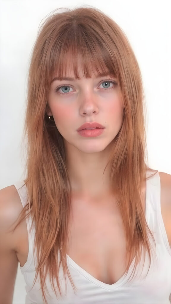 a realistically alcohol ink painting, (((full body picture))) of this cute and teen girl, her jet red silky hair ((straight and smooth at both ends)), cascading down her shoulders and chest. She has ((perfectly shaped lips)), which are full and painted in a (bright red color) that match her eyes. The lips are soft and inviting. The girl wears a ((white cropped short tank top, deep v-neck)), which perfectly complements her figure. Its low cut and short design accentuates her youthful curves in a playful way. The tank top also gives off a soft glow, highlighting her natural beauty. She wears the tank top on a day when she feels like posing, her hair is soft and silky, just like the clothes, enhancing her natural beauty with no extra effort on her part.