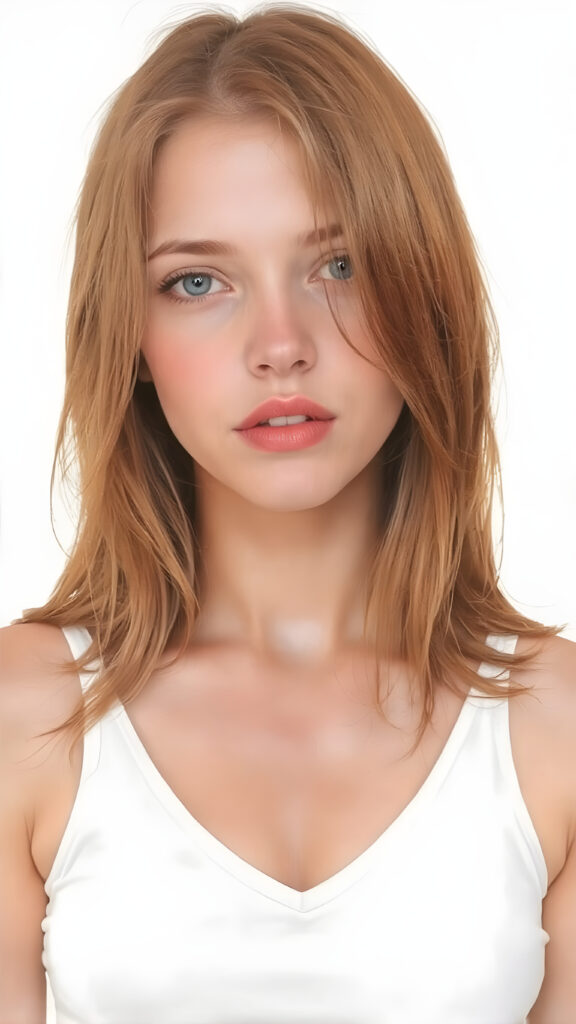 a realistically alcohol ink painting, (((full body picture))) of this cute and teen girl, her jet red silky hair ((straight and smooth at both ends)), cascading down her shoulders and chest. She has ((perfectly shaped lips)), which are full and painted in a (bright red color) that match her eyes. The lips are soft and inviting. The girl wears a ((white cropped short tank top, deep v-neck)), which perfectly complements her figure. Its low cut and short design accentuates her youthful curves in a playful way. The tank top also gives off a soft glow, highlighting her natural beauty. She wears the tank top on a day when she feels like posing, her hair is soft and silky, just like the clothes, enhancing her natural beauty with no extra effort on her part.