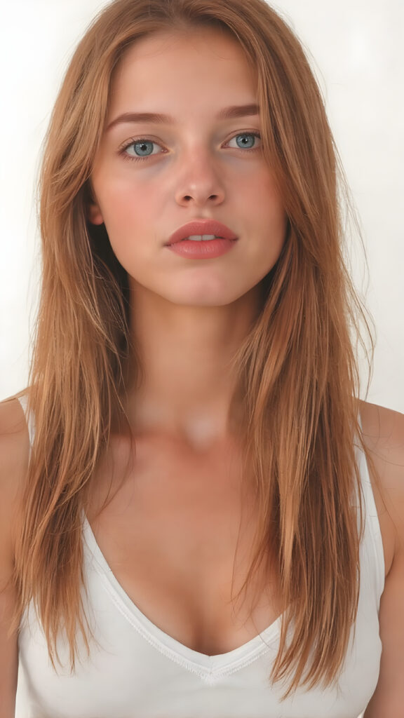 a realistically alcohol ink painting, (((full body picture))) of this cute and teen girl, her jet red silky hair ((straight and smooth at both ends)), cascading down her shoulders and chest. She has ((perfectly shaped lips)), which are full and painted in a (bright red color) that match her eyes. The lips are soft and inviting. The girl wears a ((white cropped short tank top, deep v-neck)), which perfectly complements her figure. Its low cut and short design accentuates her youthful curves in a playful way. The tank top also gives off a soft glow, highlighting her natural beauty. She wears the tank top on a day when she feels like posing, her hair is soft and silky, just like the clothes, enhancing her natural beauty with no extra effort on her part.