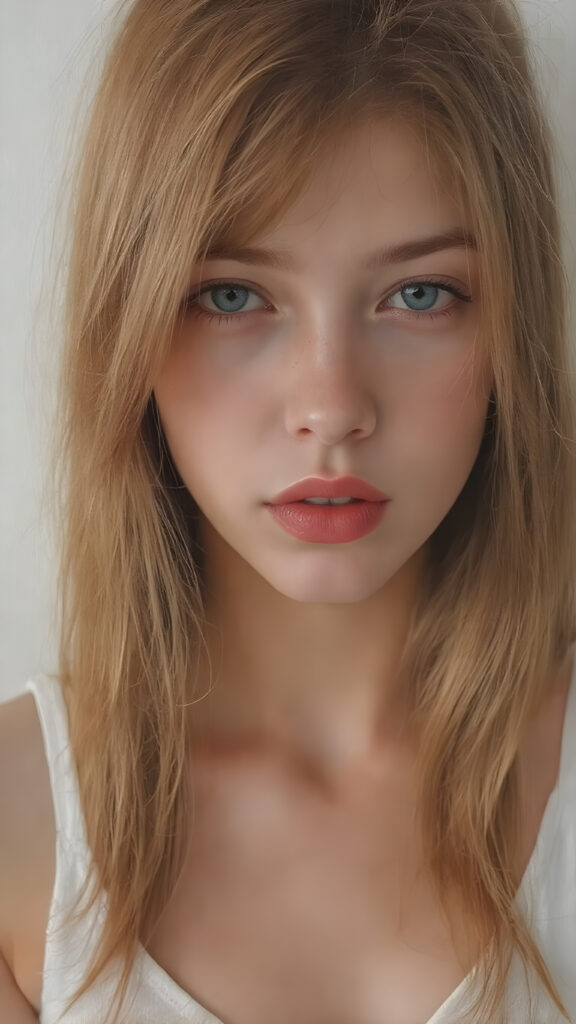 a realistically (((full body picture))) of this cute and teen girl, her jet red silky hair ((straight and smooth at both ends)), cascading down her shoulders and chest. She has ((perfectly shaped lips)), which are full and painted in a (bright red colour) that match her eyes. The lips are soft and inviting. The girl wears a ((white cropped short tank top, deep v-neck)), which perfectly complements her figure. Its low cut and short design accentuates her youthful curves in a playful way. The tank top also gives off a soft glow, highlighting her natural beauty. She wears the tank top on a day when she feels like posing, her hair is soft and silky, just like the clothes, enhancing her natural beauty with no extra effort on her part.