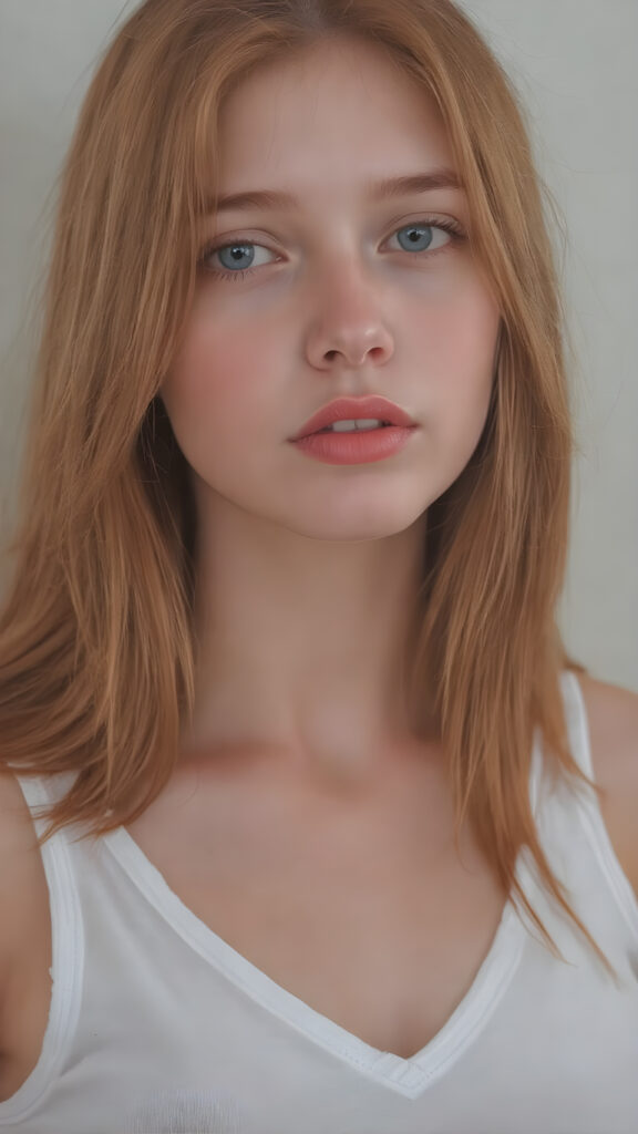 a realistically (((full body picture))) of this cute and teen girl, her jet red silky hair ((straight and smooth at both ends)), cascading down her shoulders and chest. She has ((perfectly shaped lips)), which are full and painted in a (bright red colour) that match her eyes. The lips are soft and inviting. The girl wears a ((white cropped short tank top, deep v-neck)), which perfectly complements her figure. Its low cut and short design accentuates her youthful curves in a playful way. The tank top also gives off a soft glow, highlighting her natural beauty. She wears the tank top on a day when she feels like posing, her hair is soft and silky, just like the clothes, enhancing her natural beauty with no extra effort on her part.