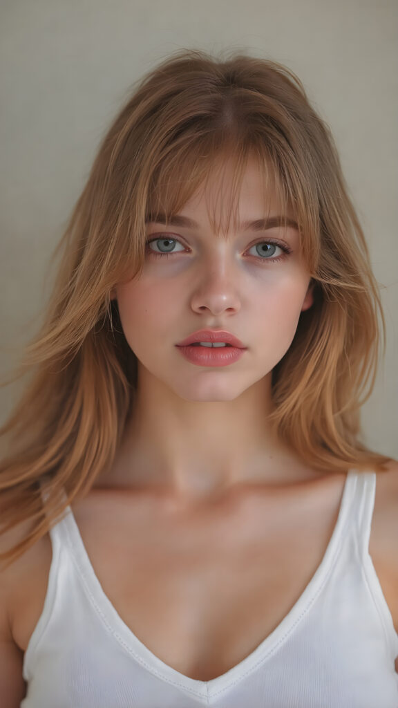 a realistically (((full body picture))) of this cute and teen girl, her jet red silky hair ((straight and smooth at both ends)), cascading down her shoulders and chest. She has ((perfectly shaped lips)), which are full and painted in a (bright red colour) that match her eyes. The lips are soft and inviting. The girl wears a ((white cropped short tank top, deep v-neck)), which perfectly complements her figure. Its low cut and short design accentuates her youthful curves in a playful way. The tank top also gives off a soft glow, highlighting her natural beauty. She wears the tank top on a day when she feels like posing, her hair is soft and silky, just like the clothes, enhancing her natural beauty with no extra effort on her part.