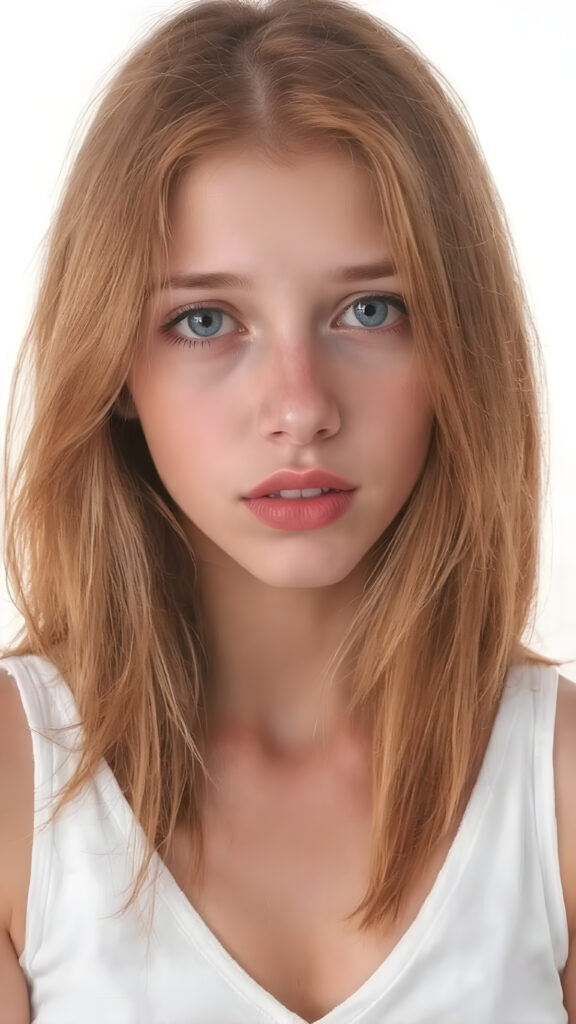 a realistically alcohol ink painting, (((full body picture))) of this cute and teen girl, her jet red silky hair ((straight and smooth at both ends)), cascading down her shoulders and chest. She has ((perfectly shaped lips)), which are full and painted in a (bright red color) that match her eyes. The lips are soft and inviting. The girl wears a ((white cropped short tank top, deep v-neck)), which perfectly complements her figure. Its low cut and short design accentuates her youthful curves in a playful way. The tank top also gives off a soft glow, highlighting her natural beauty. She wears the tank top on a day when she feels like posing, her hair is soft and silky, just like the clothes, enhancing her natural beauty with no extra effort on her part.