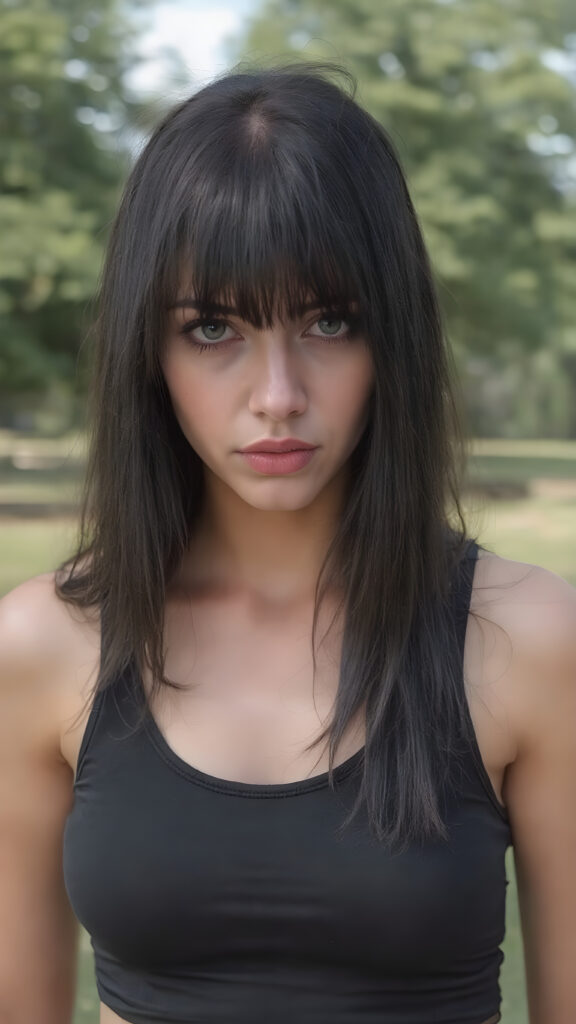 a (((sad and tired looking beautiful girl))) with ((rock-inspired black straight hair, bangs)) and a ((face full of tears)), full red lips, wearing a ((black cropped short tank top, deep neck)) and a ((tight black skirt)) that emphasizes her sleek, urban-chic vibe. She stands alone in a sunny green park