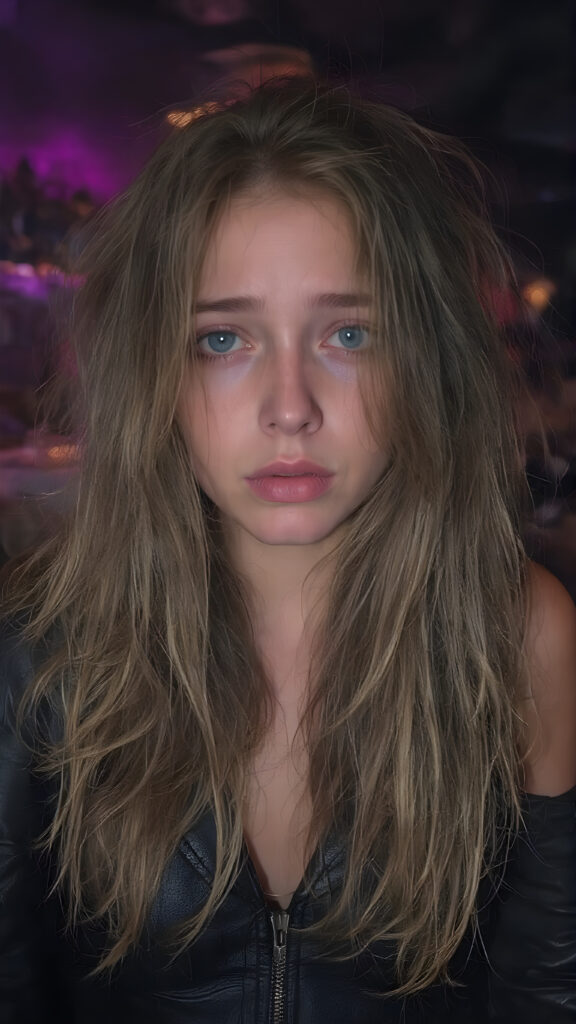 a (((sad and tired))), ((crying girl)), long messy hair, dressed in a ((black, rock-themed leather party outfit)) melancholic pose at a ((modern, urban bar)), (((tears running on her cheeks))), (((messy makeup)))
