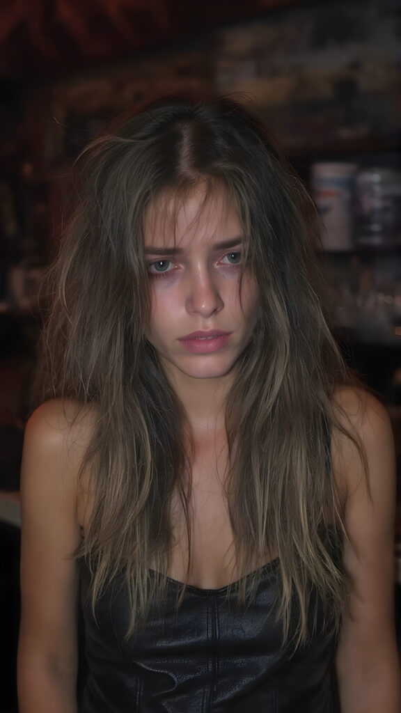 a (((sad and tired))), ((crying girl)), long messy hair, dressed in a ((black, rock-themed leather party outfit)) melancholic pose at a ((modern, urban bar)), (((tears running on her cheeks))), (((messy makeup)))