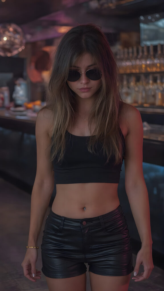a (((sad and tired looking beautiful girl))) with ((long, rock-inspired messy hair)) and a ((face full of tears)), wearing a ((black top)) and ((black leather shorts)), ((black sunglasses on her nose)), and a ((tight black skirt)) that emphasizes her sleek, urban-chic vibe. She stands alone at a modern, high-tech bar, surrounded by luxurious opulence, as she gazes mournfully around a dimly lit, late night setting