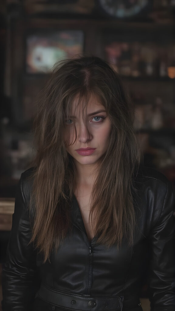a (((sad and tired))), ((crying girl)), long messy hair, dressed in a ((black, rock-themed leather party outfit)) melancholic pose at a ((modern, urban bar)), (((tears running on her cheeks))), (((messy makeup)))