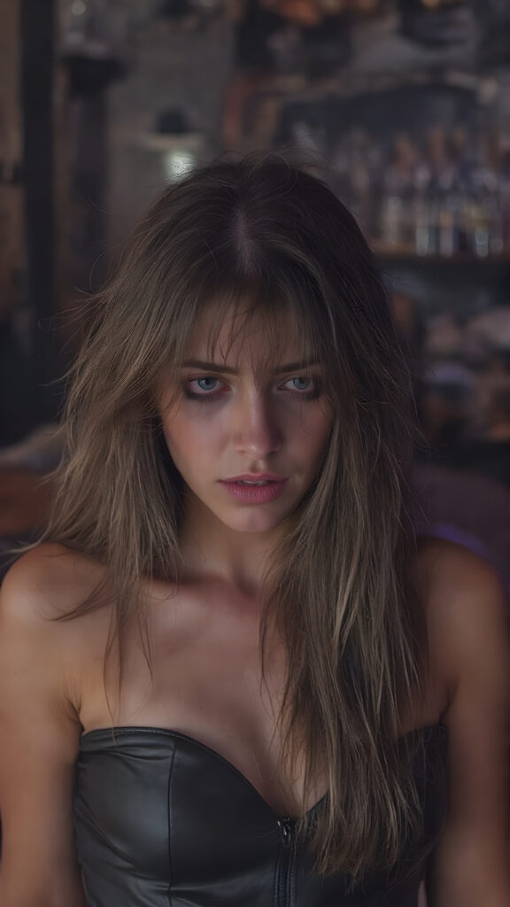 a (((sad and tired))), ((crying girl)), long messy hair, dressed in a ((black, rock-themed leather party outfit)) melancholic pose at a ((modern, urban bar)), (((tears running on her cheeks))), (((messy makeup)))