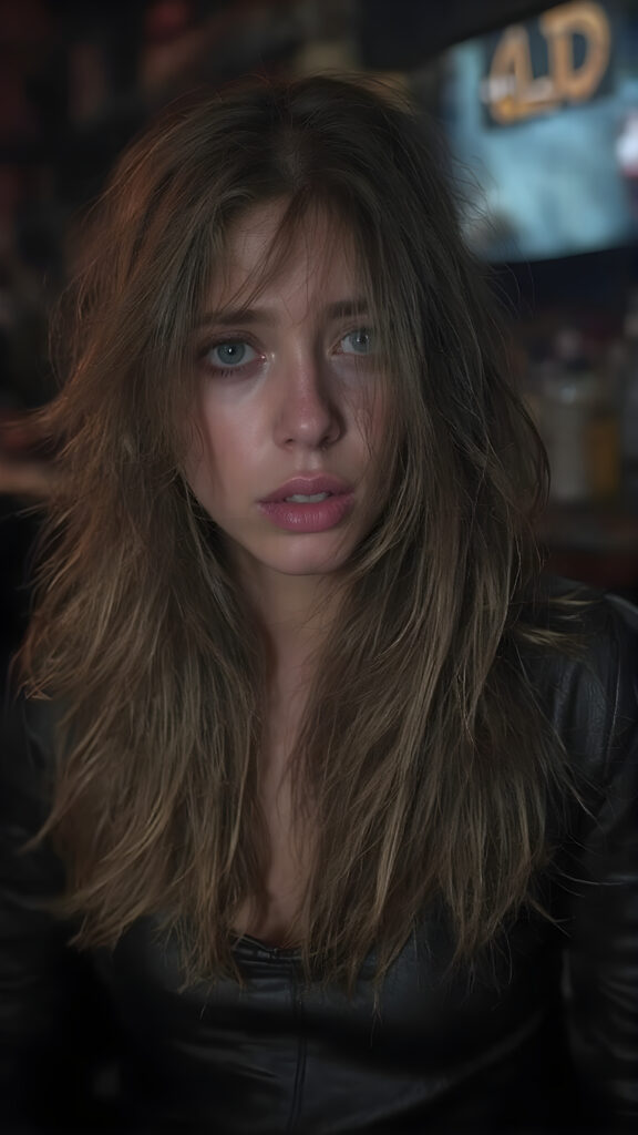 a (((sad and tired))), ((crying girl)), long messy hair, dressed in a ((black, rock-themed leather party outfit)) melancholic pose at a ((modern, urban bar)), (((tears running on her cheeks))), (((messy makeup)))