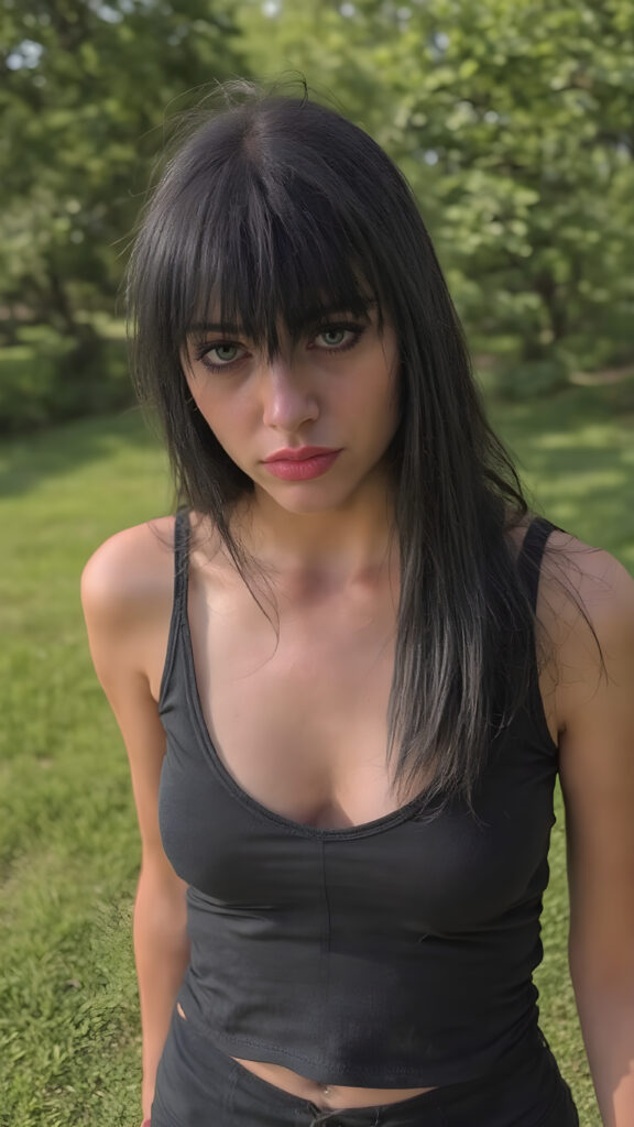 a (((sad and tired looking beautiful girl))) with ((rock-inspired black straight hair, bangs)) and a ((face full of tears)), full red lips, wearing a ((black cropped short tank top, deep neck)) and a ((tight black skirt)) that emphasizes her sleek, urban-chic vibe. She stands alone in a sunny green park