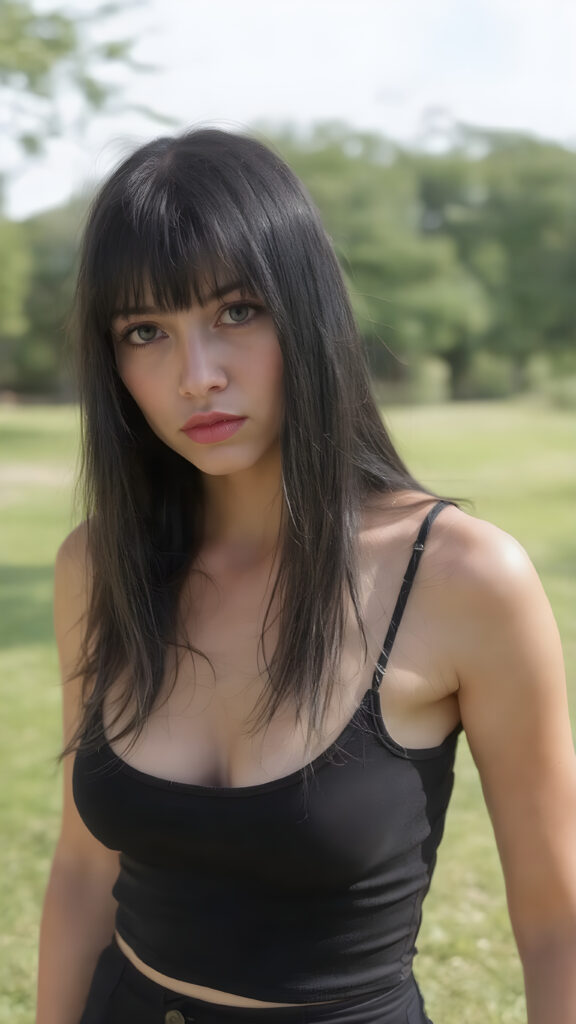 a (((sad and tired looking beautiful girl))) with ((rock-inspired black straight hair, bangs)) and a ((face full of tears)), full red lips, wearing a ((black cropped short tank top, deep neck)) and a ((tight black skirt)) that emphasizes her sleek, urban-chic vibe. She stands alone in a sunny green park