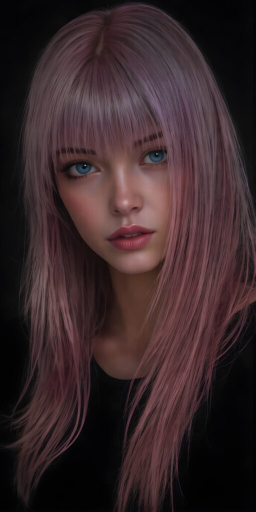 a (((sci-fi teen girl from the future))), in a perfect pose ((black background)), long shiny straight pink hair falling down her back, blue eyes, detailed, realistic