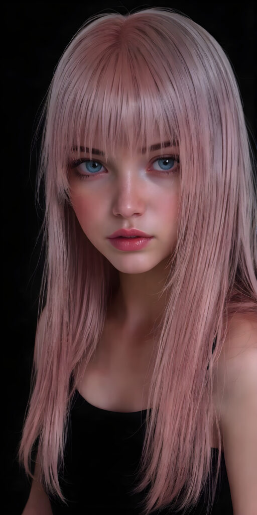 a (((sci-fi teen girl from the future))), in a perfect pose ((black background)), long shiny straight pink hair falling down her back, blue eyes, detailed, realistic