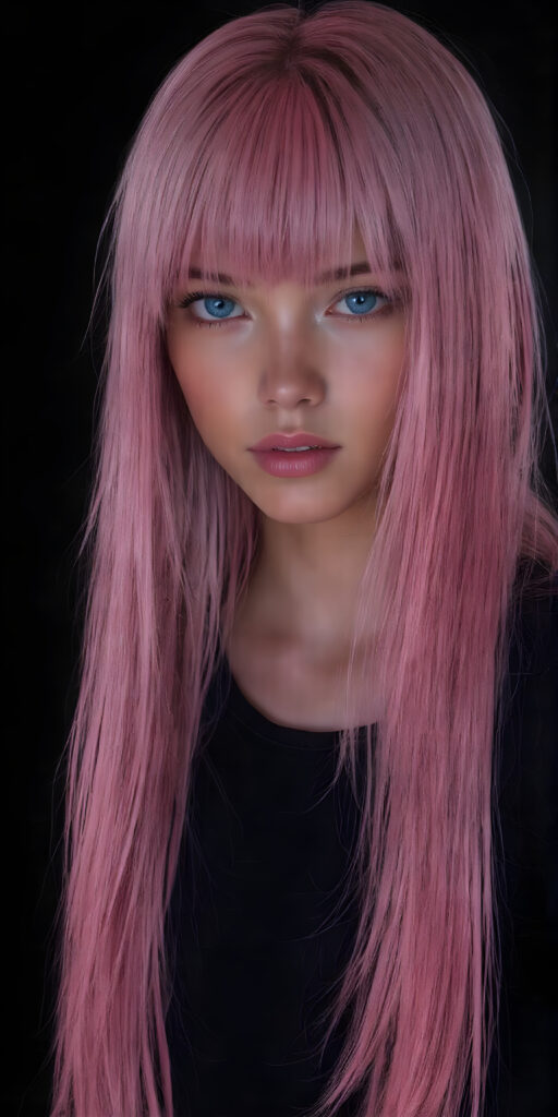 a (((sci-fi teen girl from the future))), in a perfect pose ((black background)), long shiny straight pink hair falling down her back, blue eyes, detailed, realistic