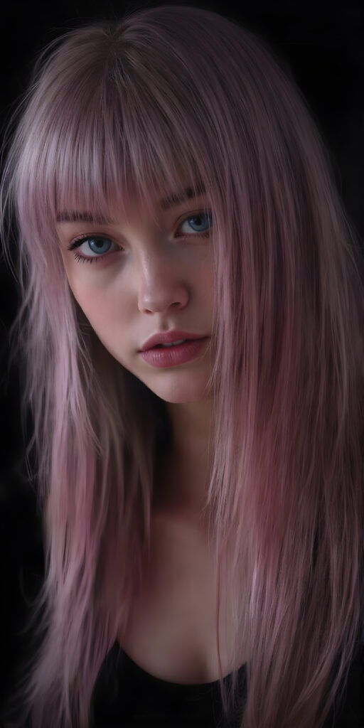 a (((sci-fi teen girl from the future))), in a perfect pose ((black background)), long shiny straight pink hair falling down her back, blue eyes, detailed, realistic