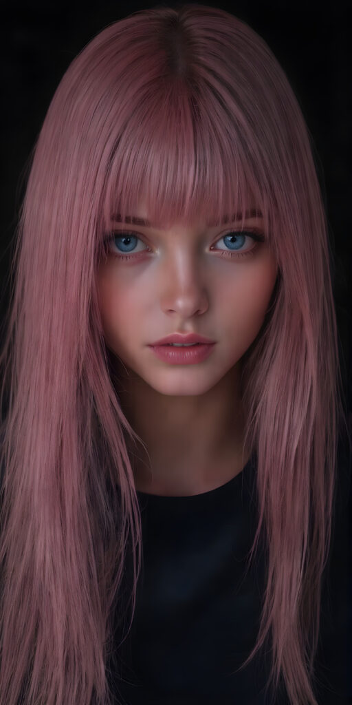 a (((sci-fi teen girl from the future))), in a perfect pose ((black background)), long shiny straight pink hair falling down her back, blue eyes, detailed, realistic