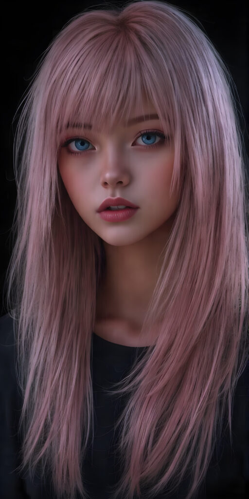 a (((sci-fi teen girl from the future))), in a perfect pose ((black background)), long shiny straight pink hair falling down her back, blue eyes, detailed, realistic