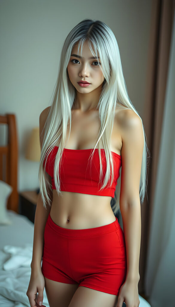 a sensual and gentle; ((gorgeous)) ((stunning)) cute young busty girl, full body portrait, pencil drawing, thin and fine cropped plain red top and a round short mini skirt, fine open straight snow white silky hair. She stands in her bedroom and ins waiting