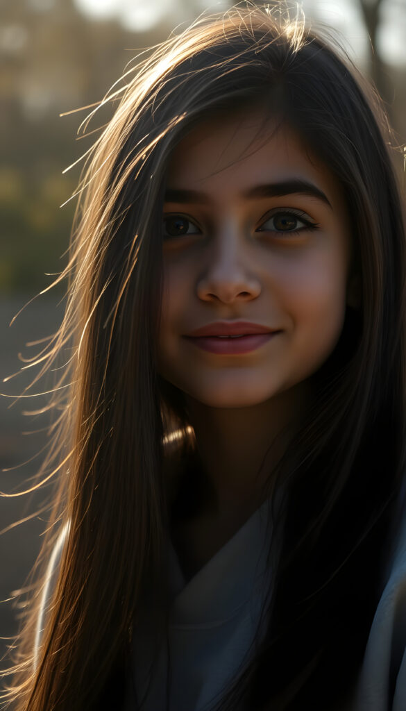 a silhouette of a young beautiful cute Persian teen girl, sunlight falls on her face, she has long (((dark hair))) and dark eyes, ((angelic round face)), ((realistic, detailed portrait)), perfect shadow, she wears a grey hoodie, smile, all against a backdrop in the nature