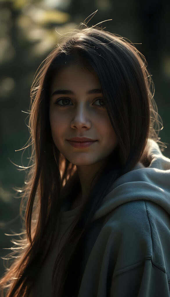 a silhouette of a young beautiful cute Persian teen girl, sunlight falls on her face, she has long (((dark hair))) and dark eyes, ((angelic round face)), ((realistic, detailed portrait)), perfect shadow, she wears a grey hoodie, smile, all against a backdrop in the nature