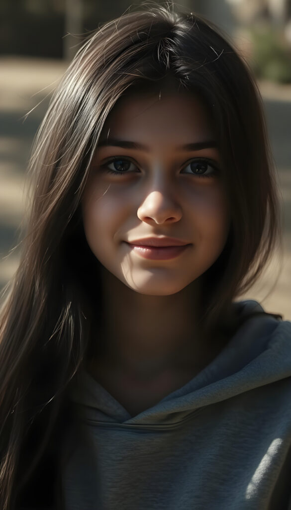 a silhouette of a young beautiful cute Persian teen girl, sunlight falls on her face, she has long (((dark hair))) and dark eyes, ((angelic round face)), ((realistic, detailed portrait)), perfect shadow, she wears a grey hoodie, smile, all against a backdrop in the nature